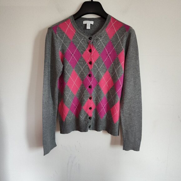 Ladies Petite SZ P Charter Club Grey/Multi Argyle Cardigan Sweater - Picture 1 of 6